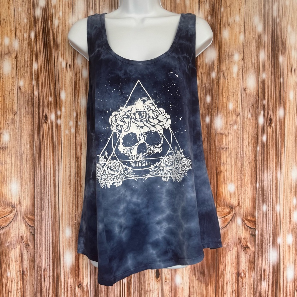 Hot Topic Black Matter Blue Tie-dye Skull Floral Tank Top - Picture 2 of 7